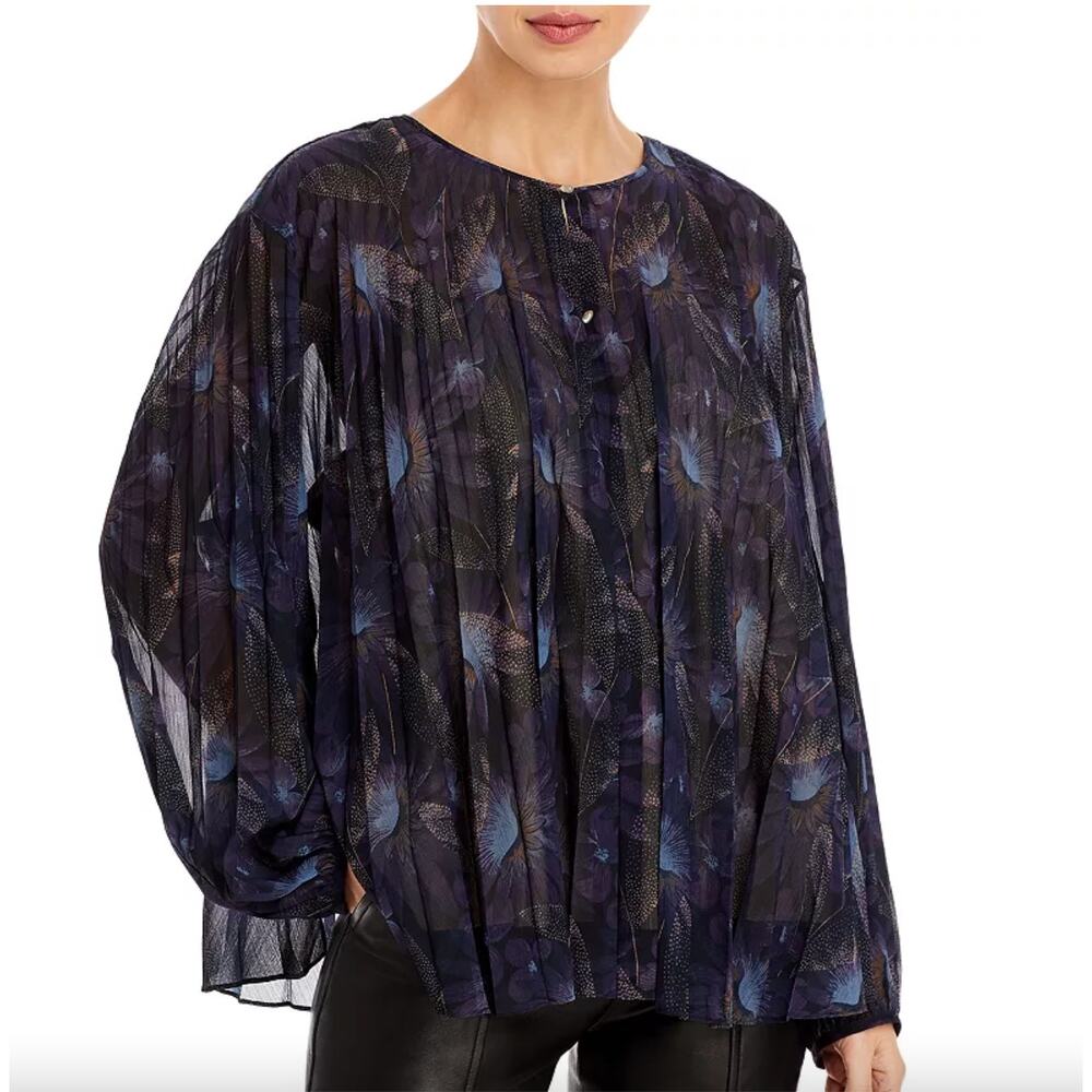 Vince Deco Floral Print Long Pleated Sheer Oversized Boxy Blouse New IXXS